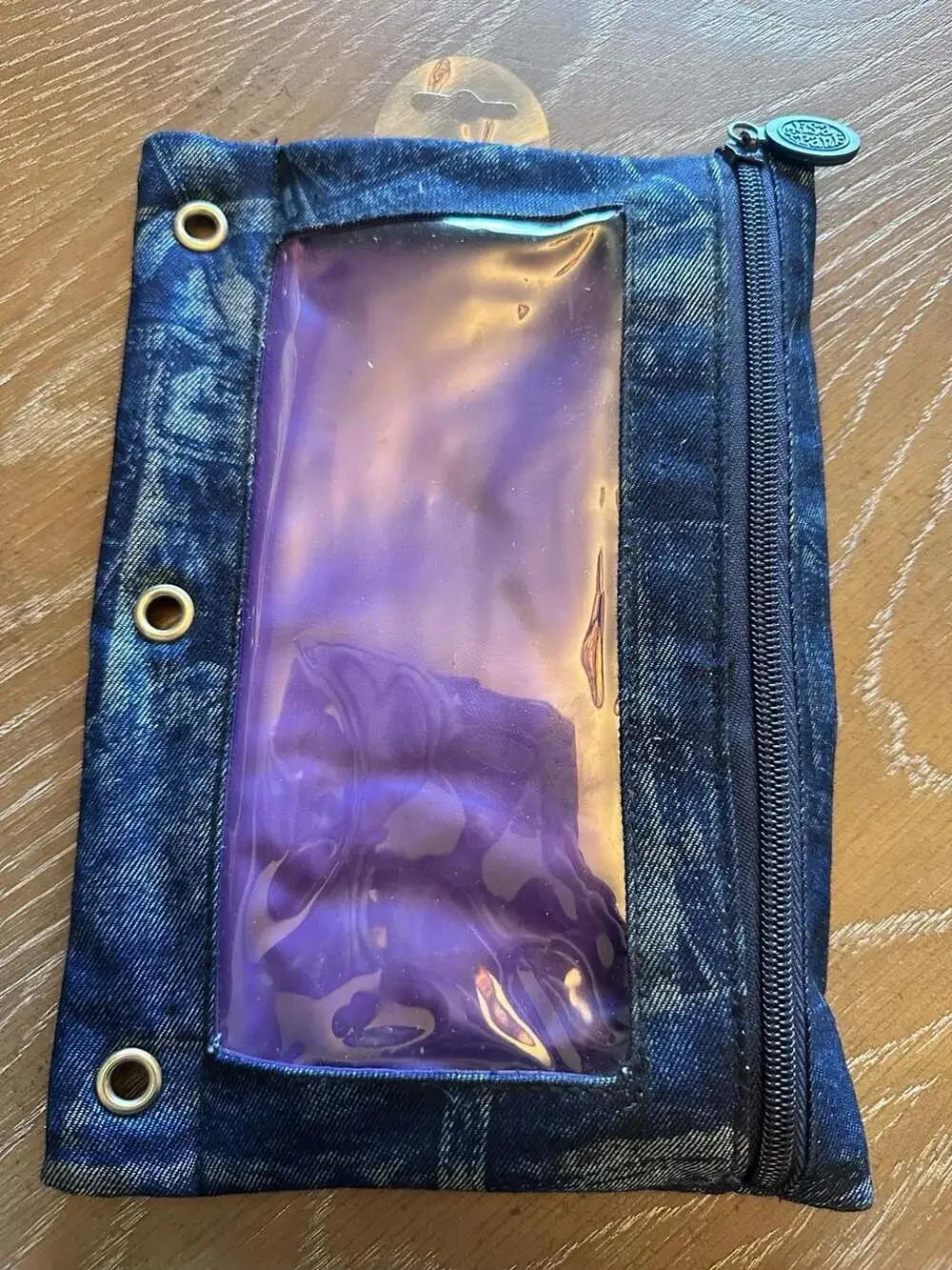 Vintage Lisa Frank Denim 3-Ring Binder Pencil Pouch with Rainbow Patches Y2K
